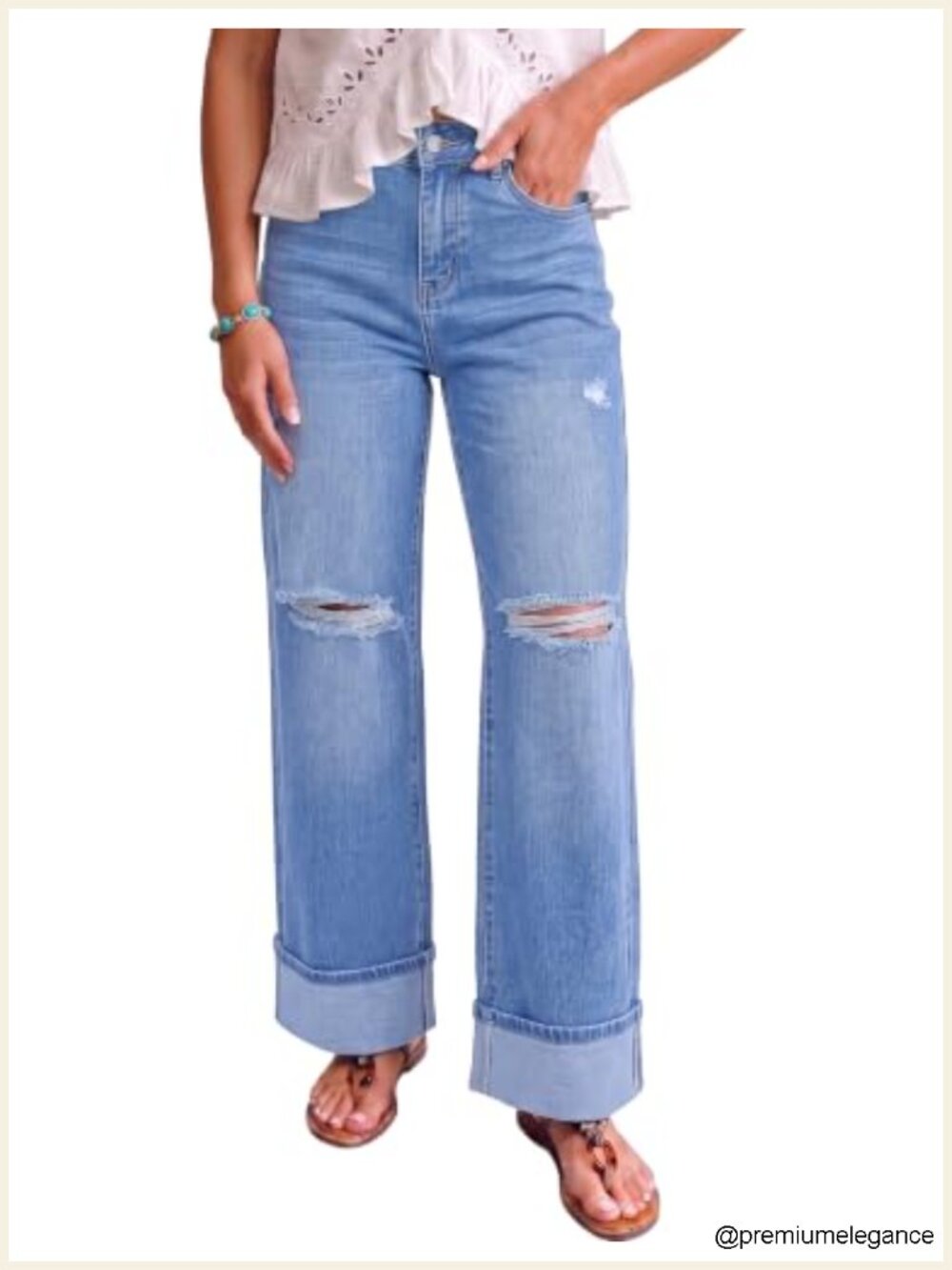 High Waisted Wide Leg Distressed Ripped Jeans Cotton Blend Stretchy Denim Pants